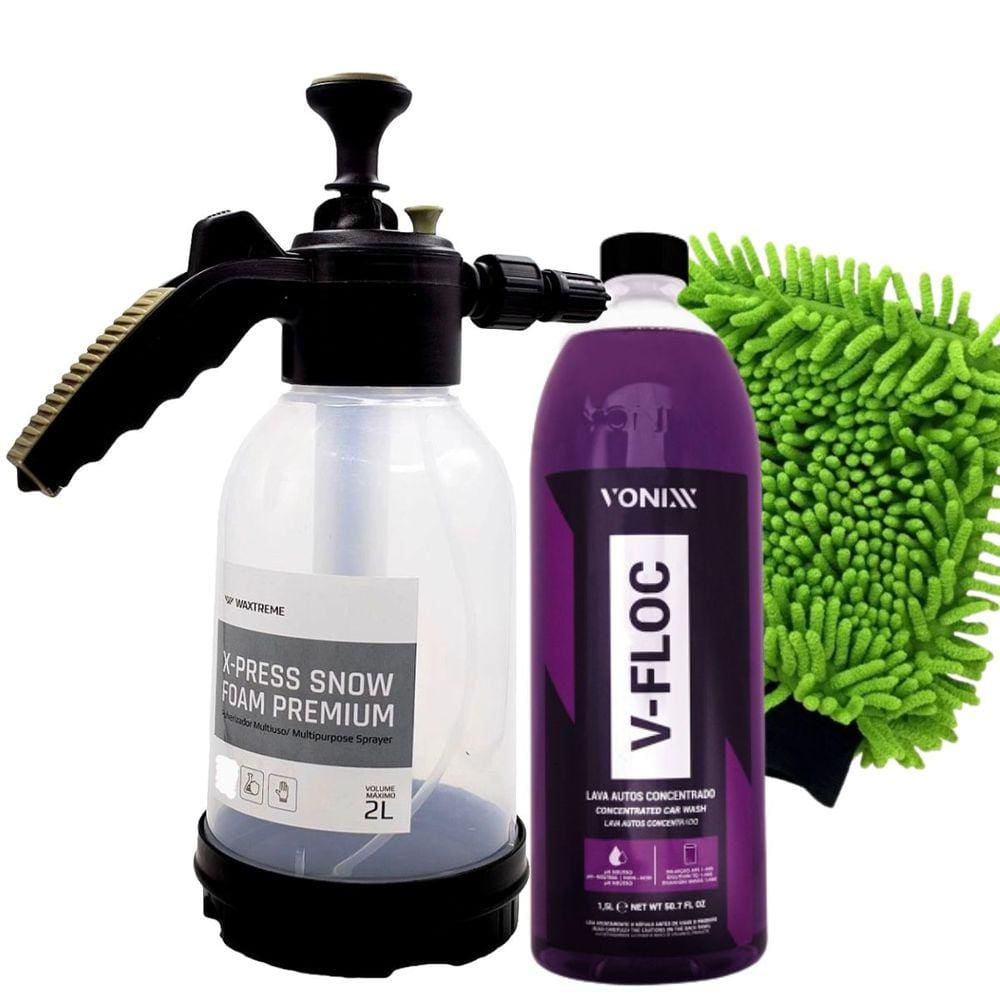 Pulverizador X-Press Snow Foam 2 Litros Waxtreme + V-floc 1,5L Vonixx + Luva de Microfibra 24x25cm Autoamerica