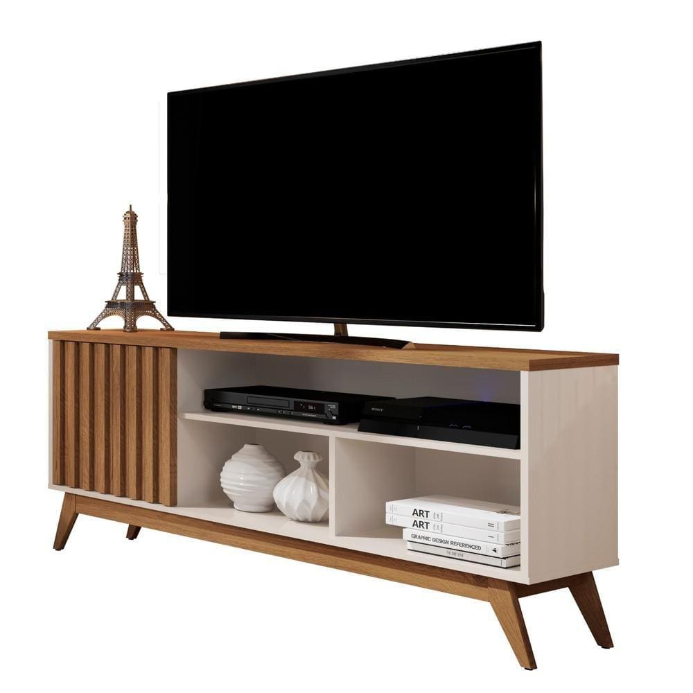 Rack Malbec Wood Tv 52 Polegadas 1 Porta Ripado 3 Nichos Decorativos Prateleira Organizadora Pés Madeira Maciça - Lojas RPM