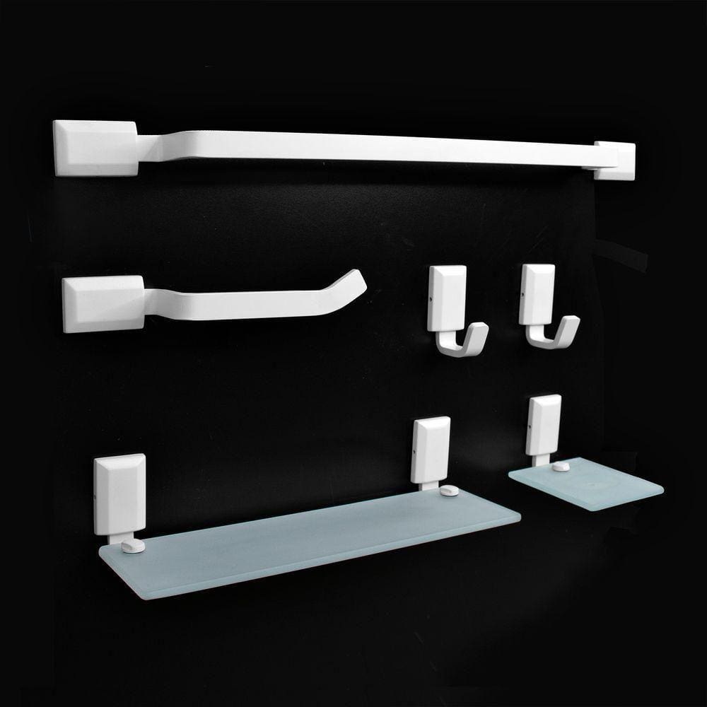Kit Banheiro Lavabo Alumínio E Vidro Branco Fosco 6 Peças