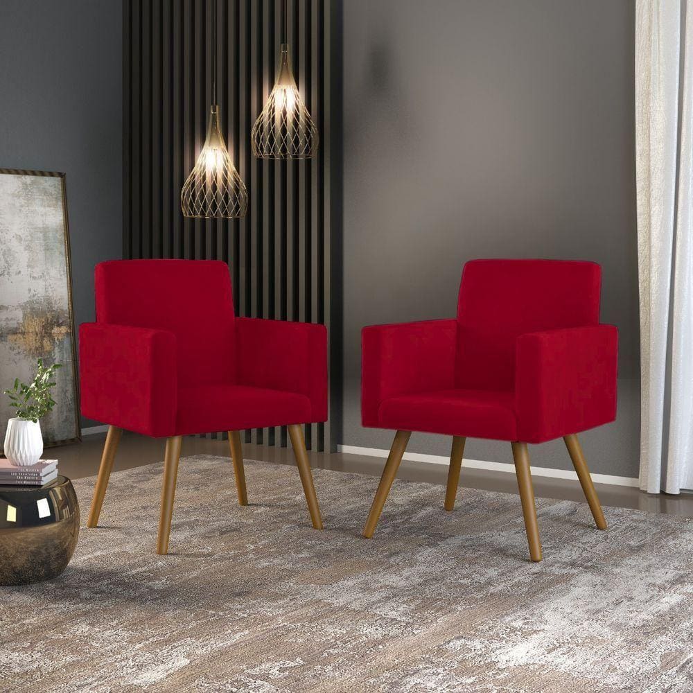 Kit 02 Poltronas Decorativas - Cadeira Escritório Recepção Cor:vermelho