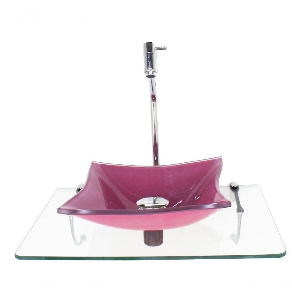 Kit Cuba De Vidro Quadrada 10Mm Rosa Com Tampo 50Cm Incolor E Suporte Cromado