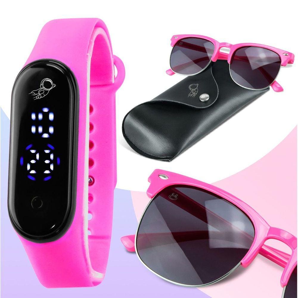 Oculos sol + relogio digital prova dagua infantil led + case rosa ajustavel data menina silicone