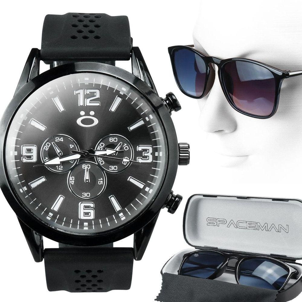 relogio aço preto masculino + case oculos sol proteçao uv ajustavel analogico presente casual social