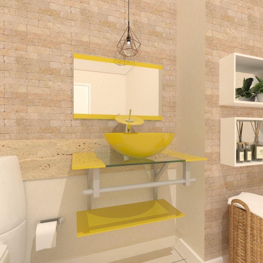 Gabinete De Vidro 90cm Ac Cuba Redonda Amarelo