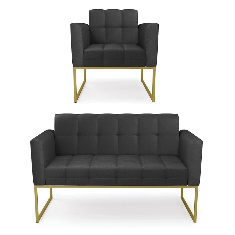 Kit 1 Sofá Namoradeira e 1 Poltrona Elisa Corino Base Metálica Industrial Dourado - D`Rossi
