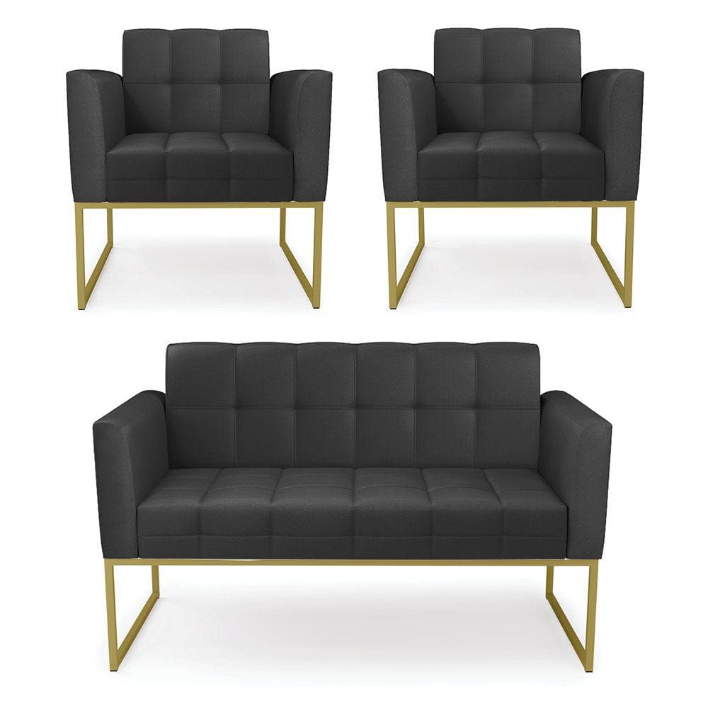 Kit 1 Sofá Namoradeira e 2 Poltronas Elisa Corino Base Metálica Industrial Dourado - D`Rossi