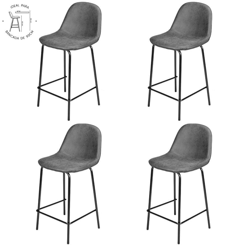 Kit 4 Banquetas Baixas Tânia Rivattis 95 Cm (Altura) Em Poliuretano Preto Vintage Base Aço Preto