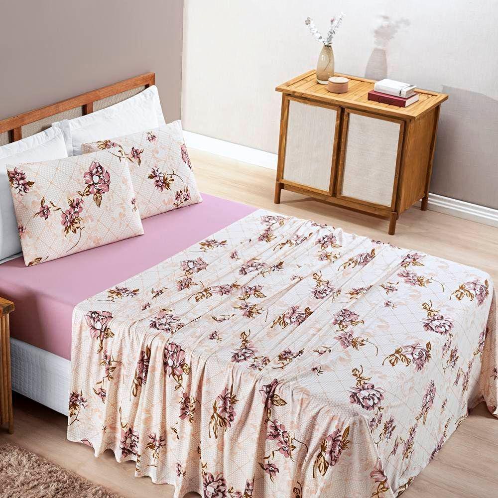 Jogo de Lençol Queen Quality Malha 100% Algodão Estampado 4 Peças - Rose