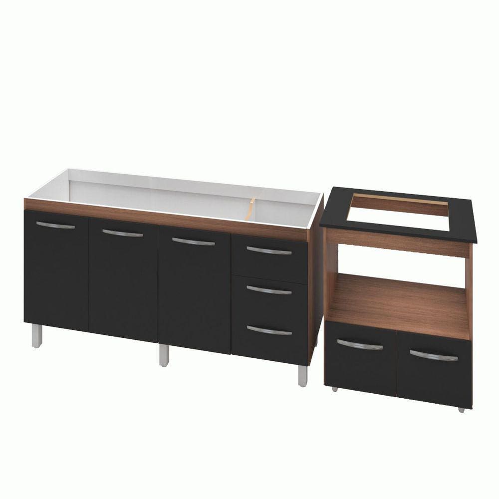 Armário Gabinete Balcão para Pia 138 cm Carina com Balcão para Cooktop 4 Bocas Forno Elétrico Savana frente Preta