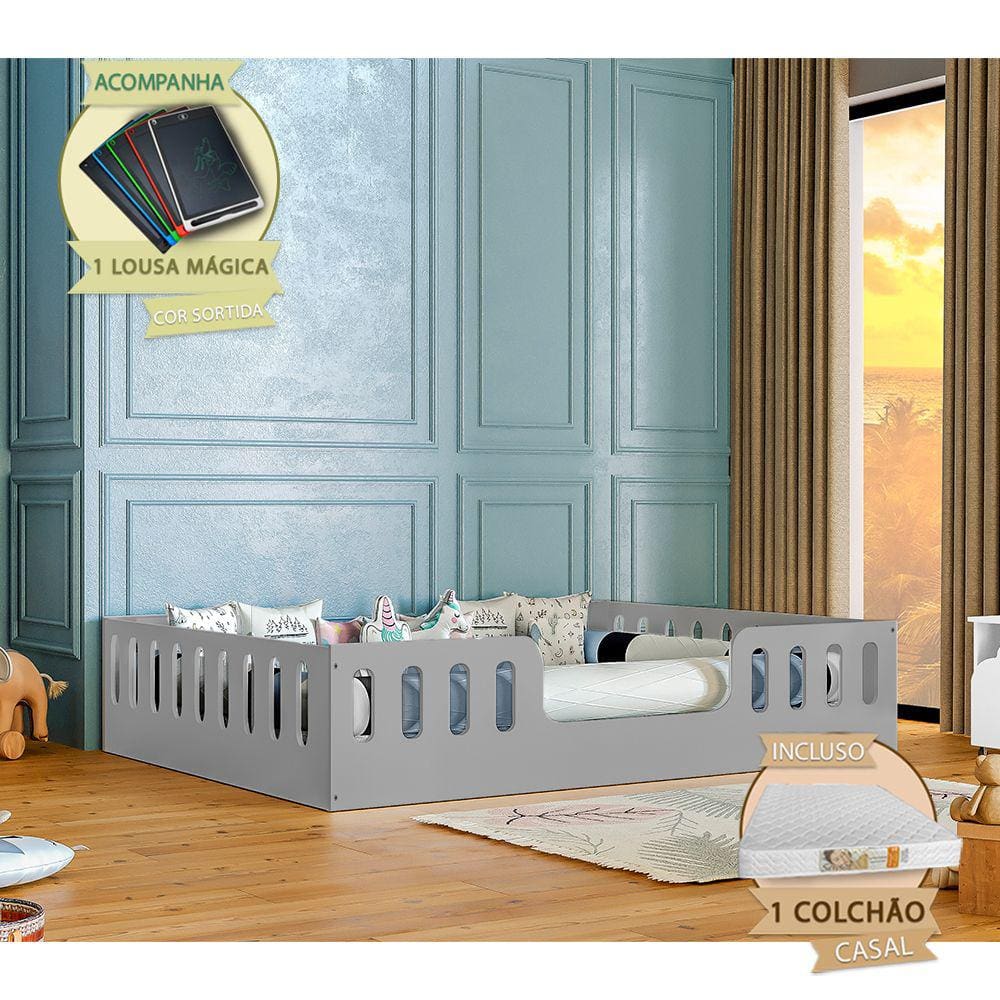 Cama Infantil com Colchão Casal Montessoriana Helo Cinza Incluso Lousa Magica