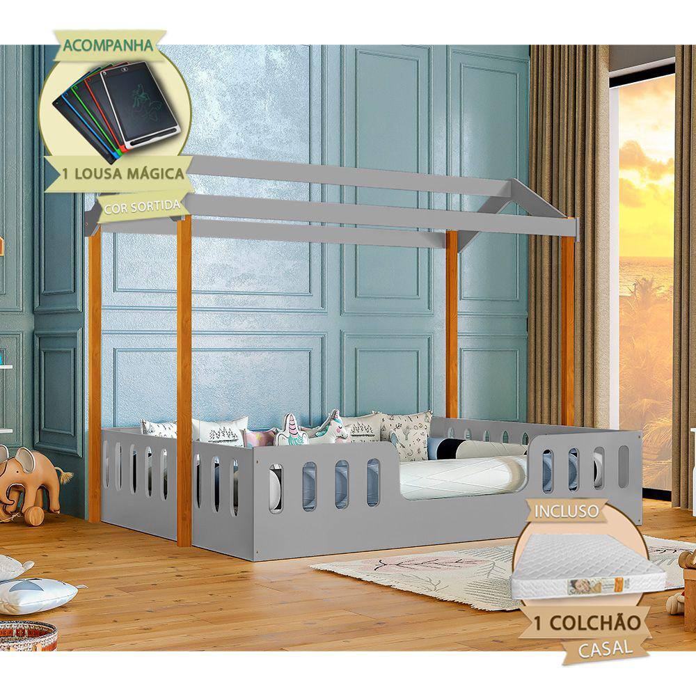 Cama Casal com Colchão Casinha Montessoriana Ágatha Cinza/amêndoa Incluso Lousa Mágica