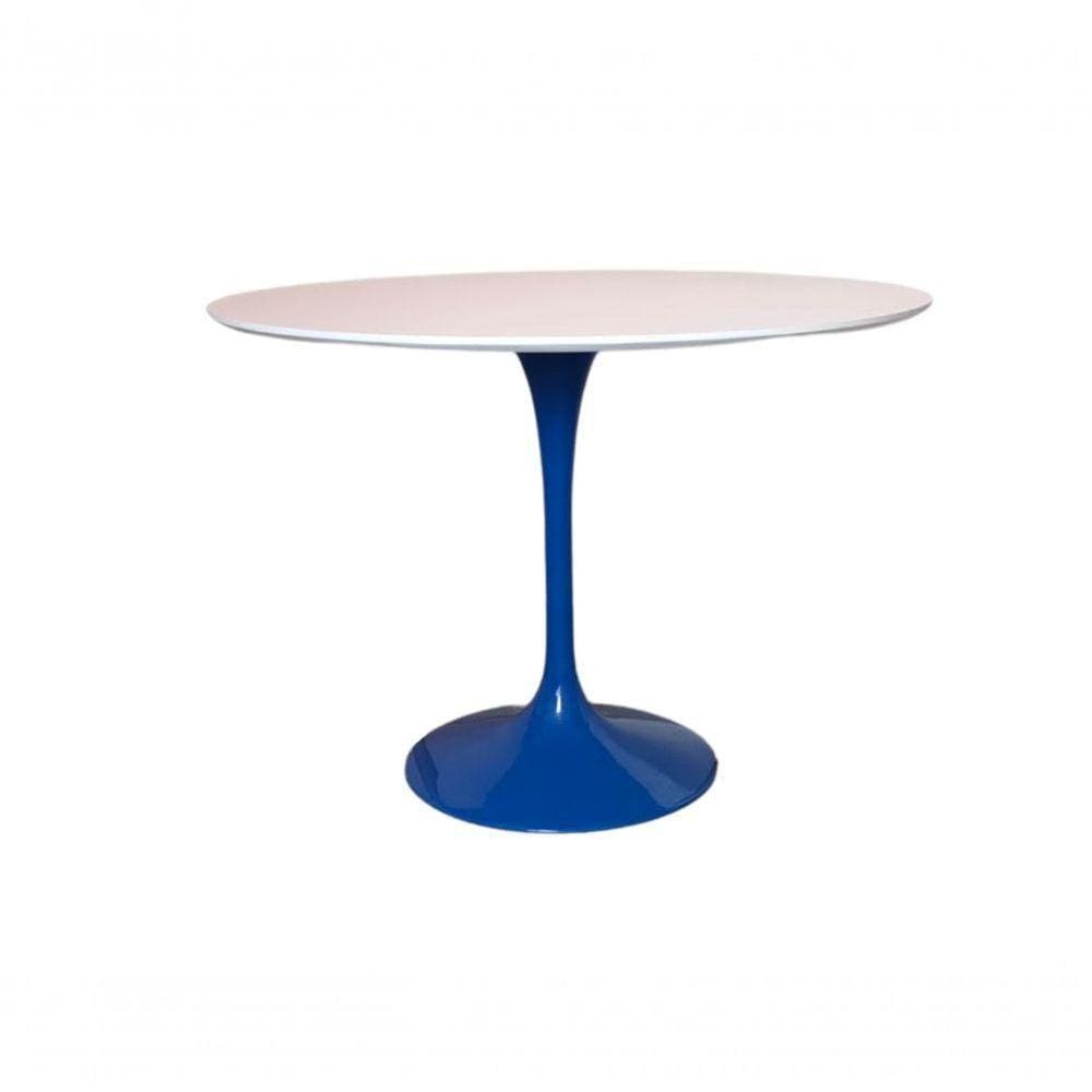 Mesa De Jantar Saarinen Redonda 160 Cm Tampo Laca Branca Base Azul Azul