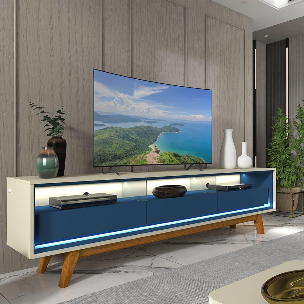 Rack para TV com LED Requinte 212 Off White Azul Royal - Gelius