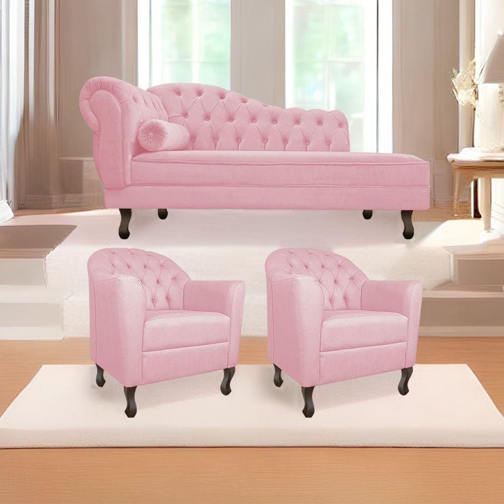 Kit Diva Recamier Diana 185Cm Lado Direito E 02 Poltronas Julia Suede - Doce Sonho Móveis Rosa Bebê