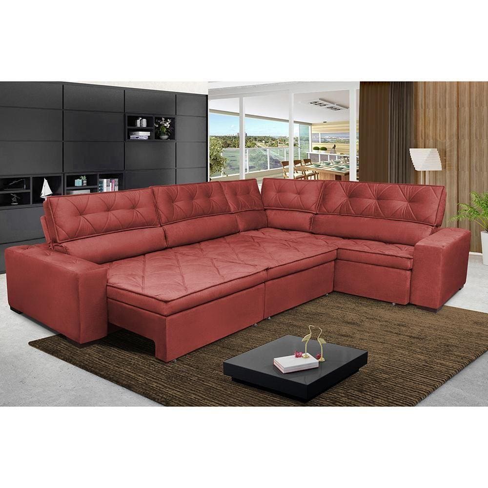 Sofa De Canto Retrátil E Reclinável Cama Inbox Austin 3,45x2,44 Ou 2,44x3,45 Velusoft Vermelho