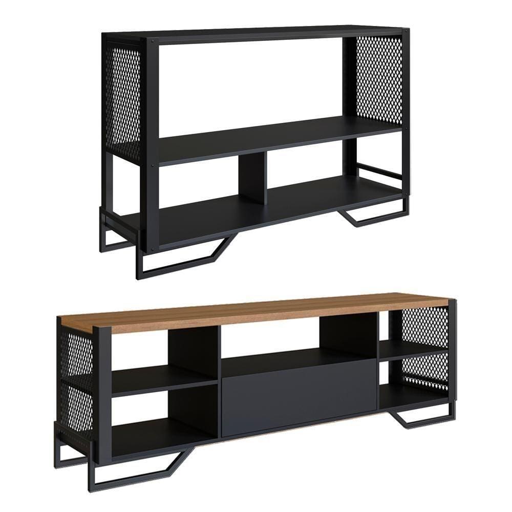 Rack 180 Cm Gaveta Aparador 130 Cm Industrial 17x21 Preto Mell Pp Preto Mell