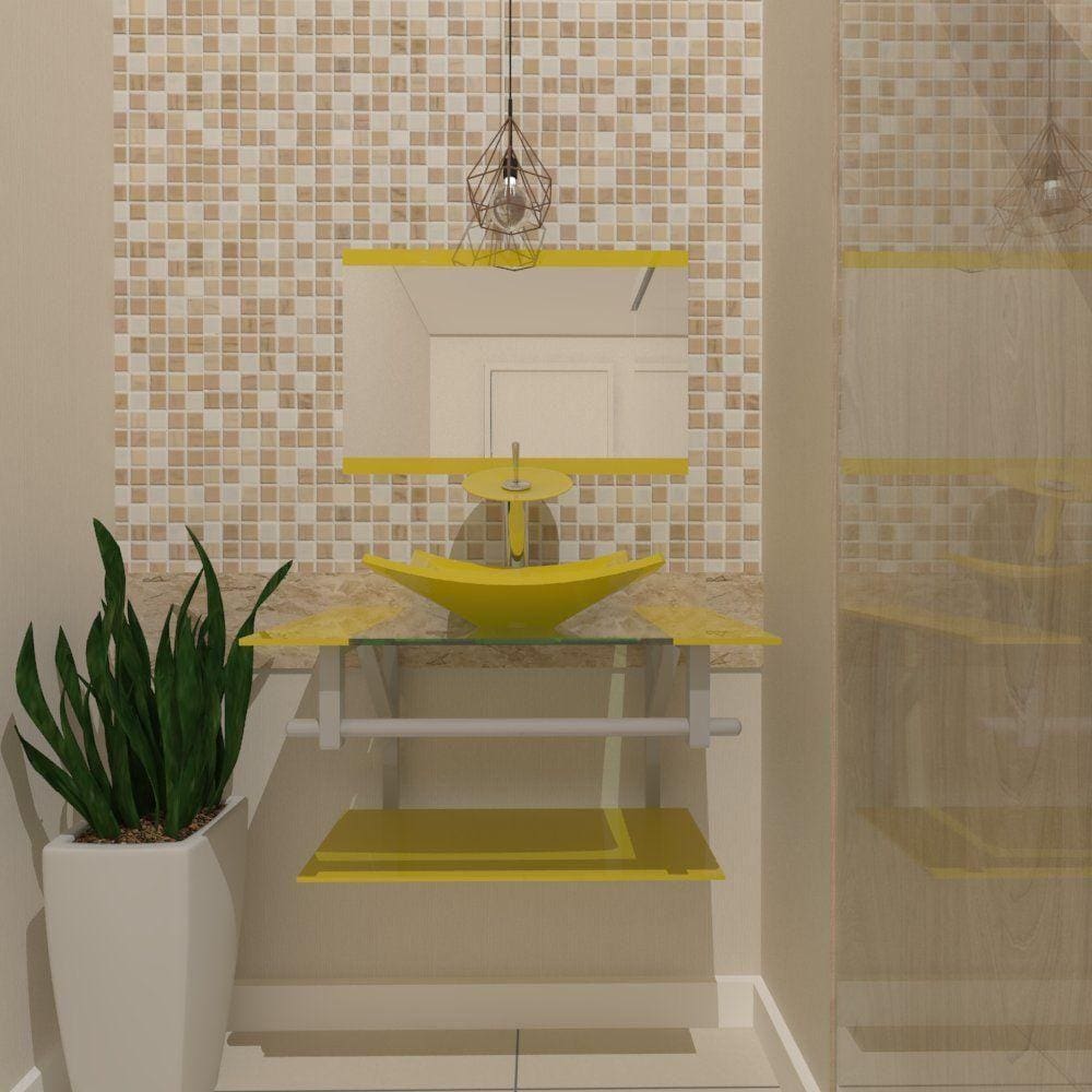 Gabinete De Vidro 80cm Ac Cuba Quadrada Amarelo