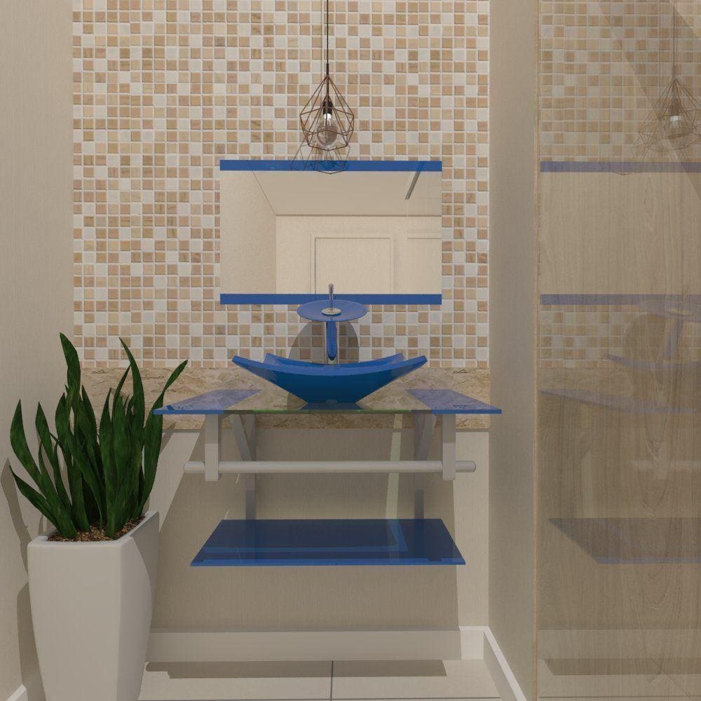 Gabinete De Vidro 90cm Ac Cuba Quadrada Azul