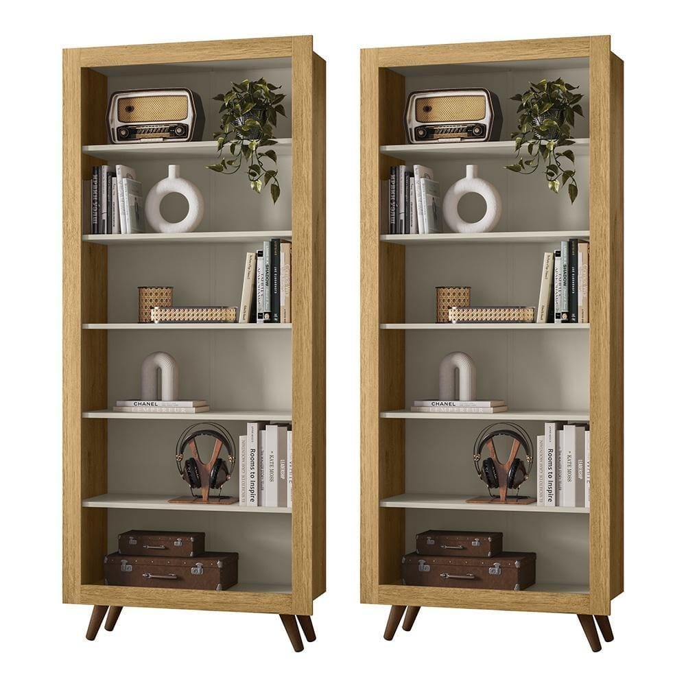 Kit com 02 Estantes Livreiros Retrô 4430 Qmovi Freijó Off White