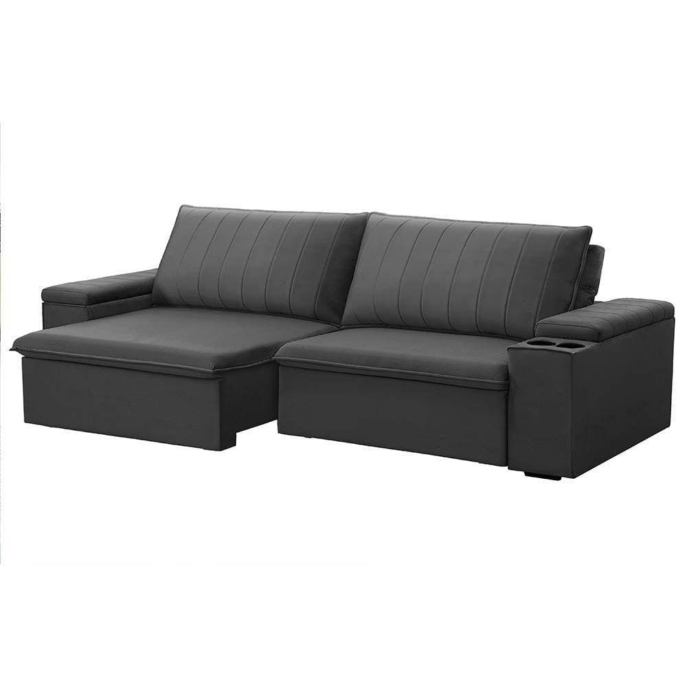 Sofá Retrátil E Reclinável 4 Lugares 245cm Kent Porta Copos No Braço Veludo Grafite G22 - Gran Belo