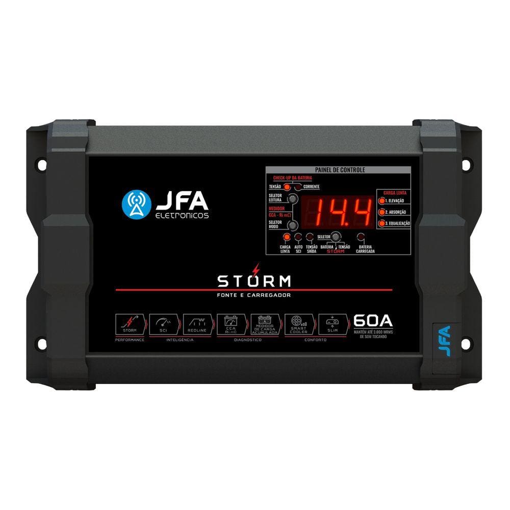 Fonte Carregador Automotivo JFA Storm 60A Bivolt Voltímetro Amperímetro Com Diagnóstico de Bateria