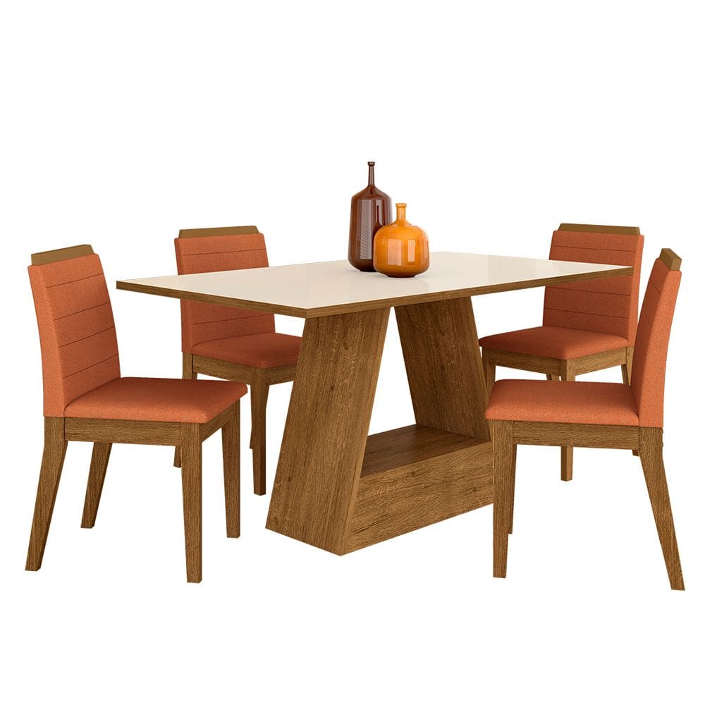 Mesa 1,36 Com 4 Cadeiras Nova York Freijó/Off Premium/Terracota - Móveis Arapongas