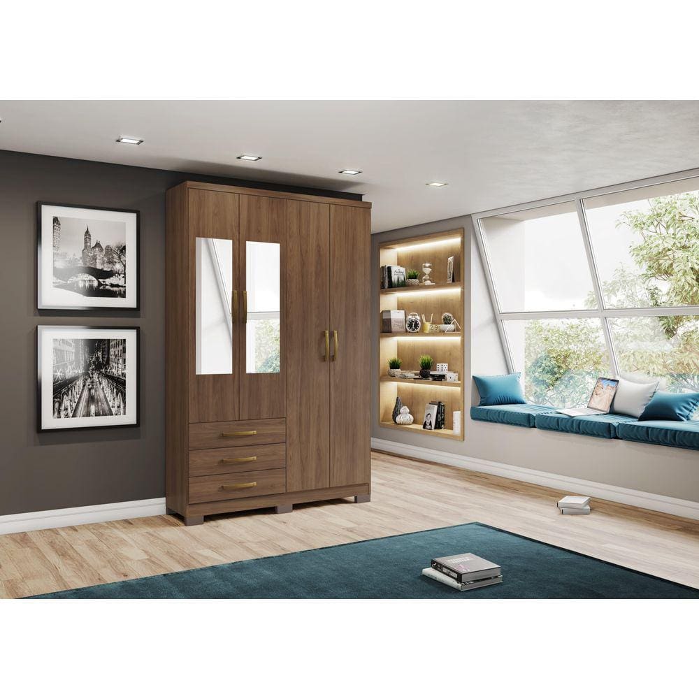 Guarda-Roupa Caju 04 Pts. C/ Espelho Castanho - Henn