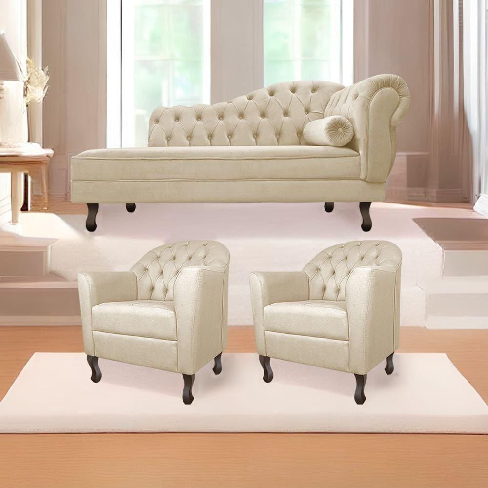 Kit Diva Recamier Diana 160Cm Lado Esquerdo E 02 Poltronas Julia Corano - Doce Sonho Móveis Bege