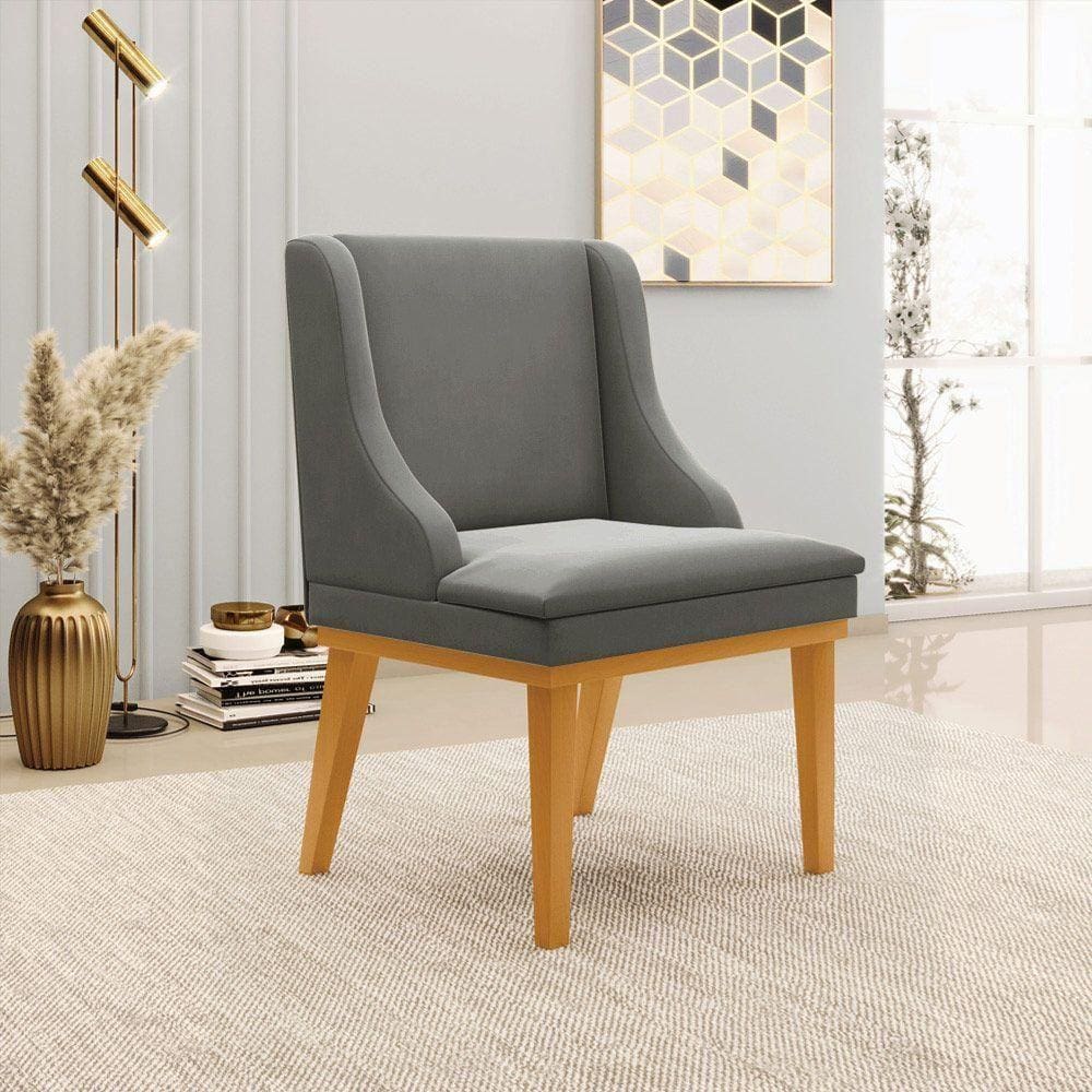Cadeira Decorativa Sala De Jantar Base Fixa De Madeira Firenze Suede Grafite/Castanho G19