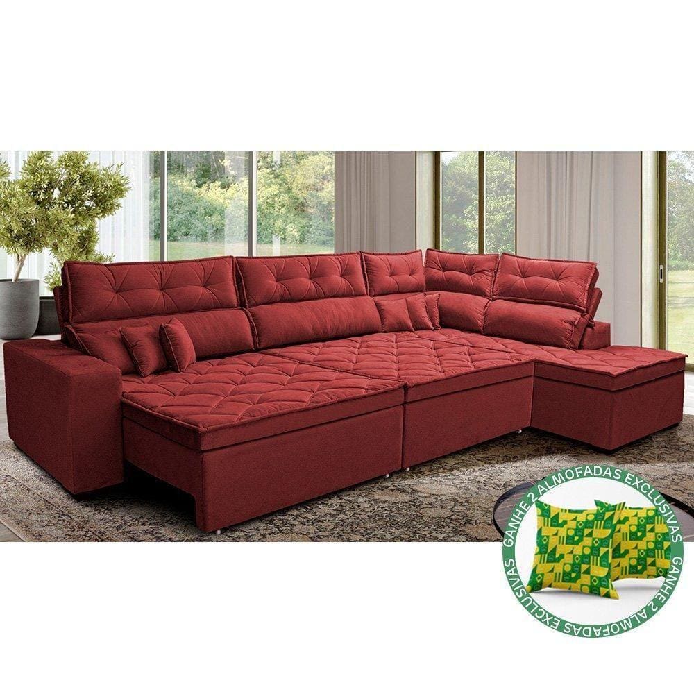 Sofá De Canto Retrátil E Reclinável Direito 3,00x2,36m Molas Cama Inbox Espanha Velusoft Vermelho