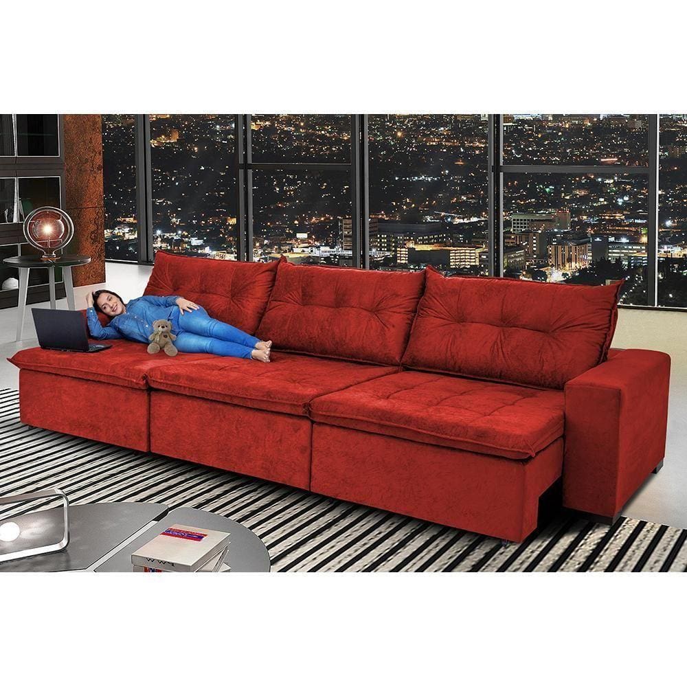 Sofá Austrália 3,82 Mts Retrátil, Reclinável Com Molas E Pillow No Assento Tecido Suede Vermelho