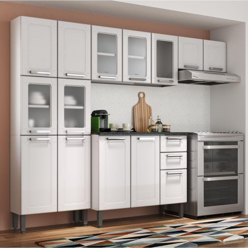 Cozinha Completa De Aço Balcão 3 Portas, Paneleiro E 2 Armários Aéreo Multipla Bertolini Branco Branco