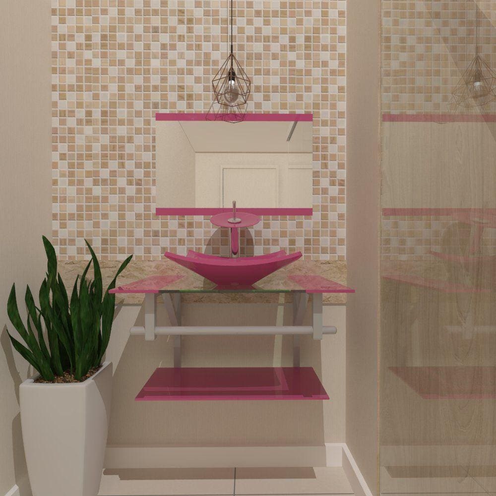 Gabinete De Vidro 80cm Ac Cuba Quadrada Rosa