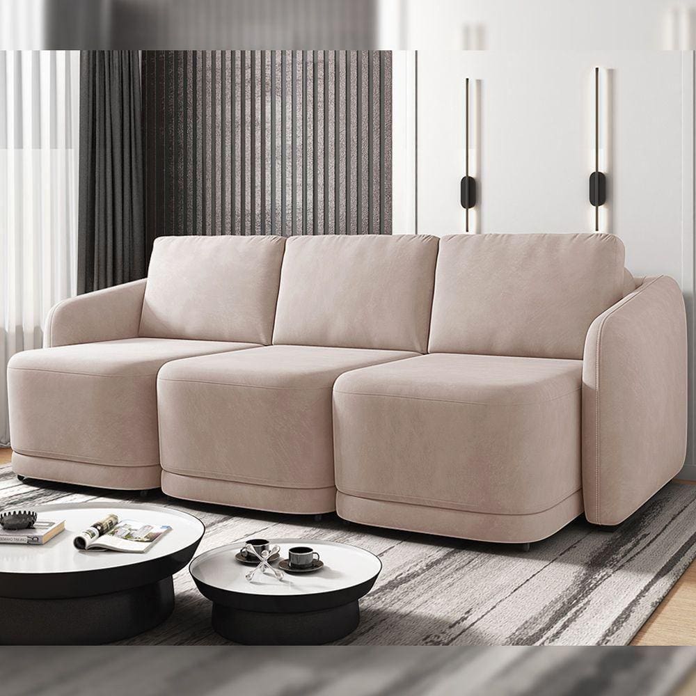 Sofá Cama Modulado Retrátil E Reclinável Decorativo Varsóvia 336cm Veludo Rosê G33 - Gran Belo