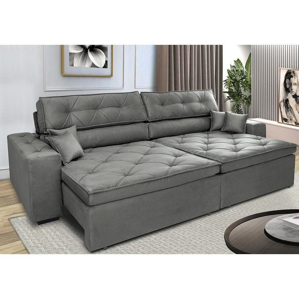 Sofá Retrátil E Reclinável 3,12m Com Molas Cama Inbox Estilo Suede Velusoft Cinza