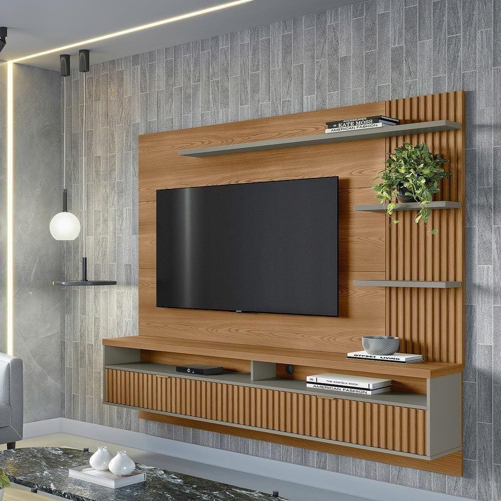 Painel Suspenso Home Ripado Ibarra 203Cm Para Tv Até 65 Amêndo/Titânio G77