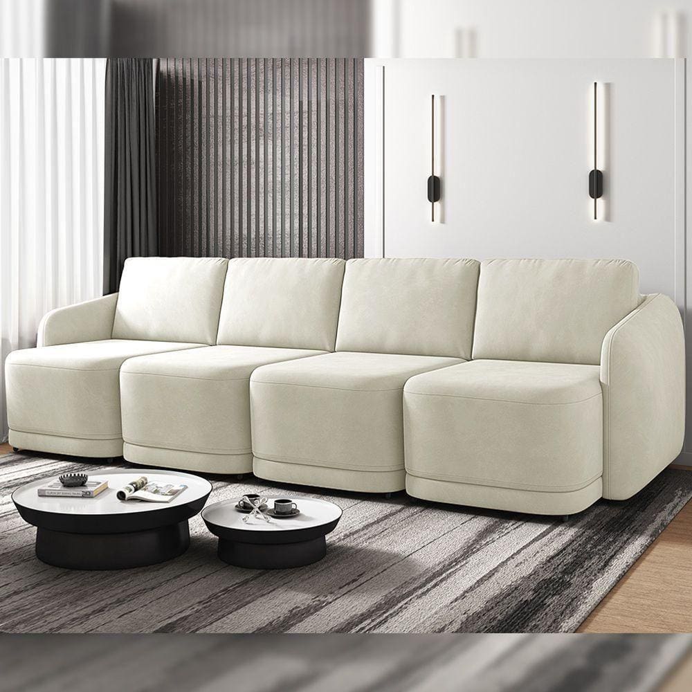Sofá Cama Modulado Retrátil E Reclinável Decorativo Varsóvia 356cm Veludo Bege G33 - Gran Belo