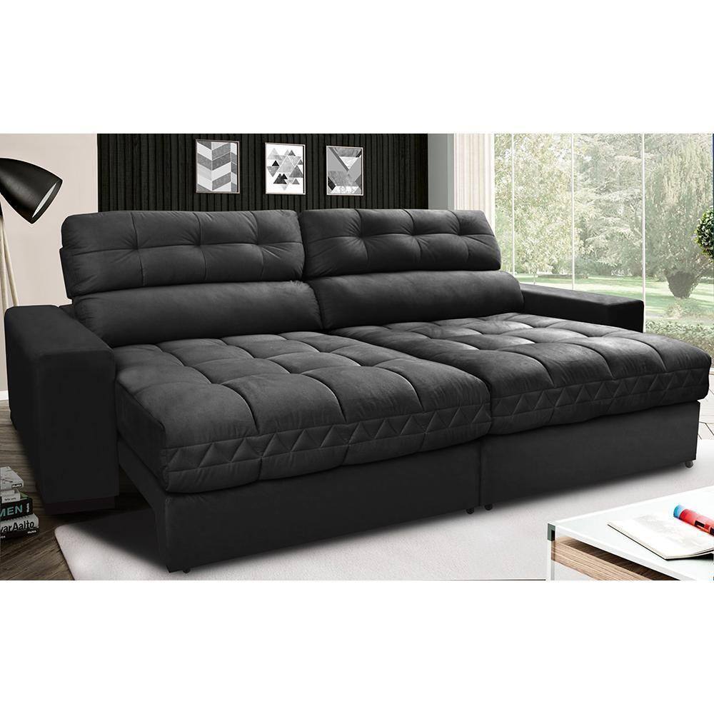 Sofá Retrátil E Reclinável Com Molas Ensacadas Cama Inbox Master 2,32m Tecido Suede Preto