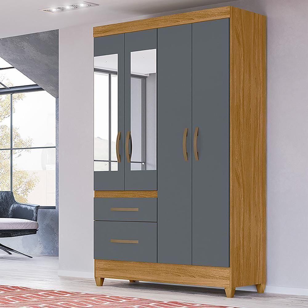 Guarda Roupa Solteiro 4 Portas Com Espelho 2 Gavetas Freijo - Cinza Madri - Moval