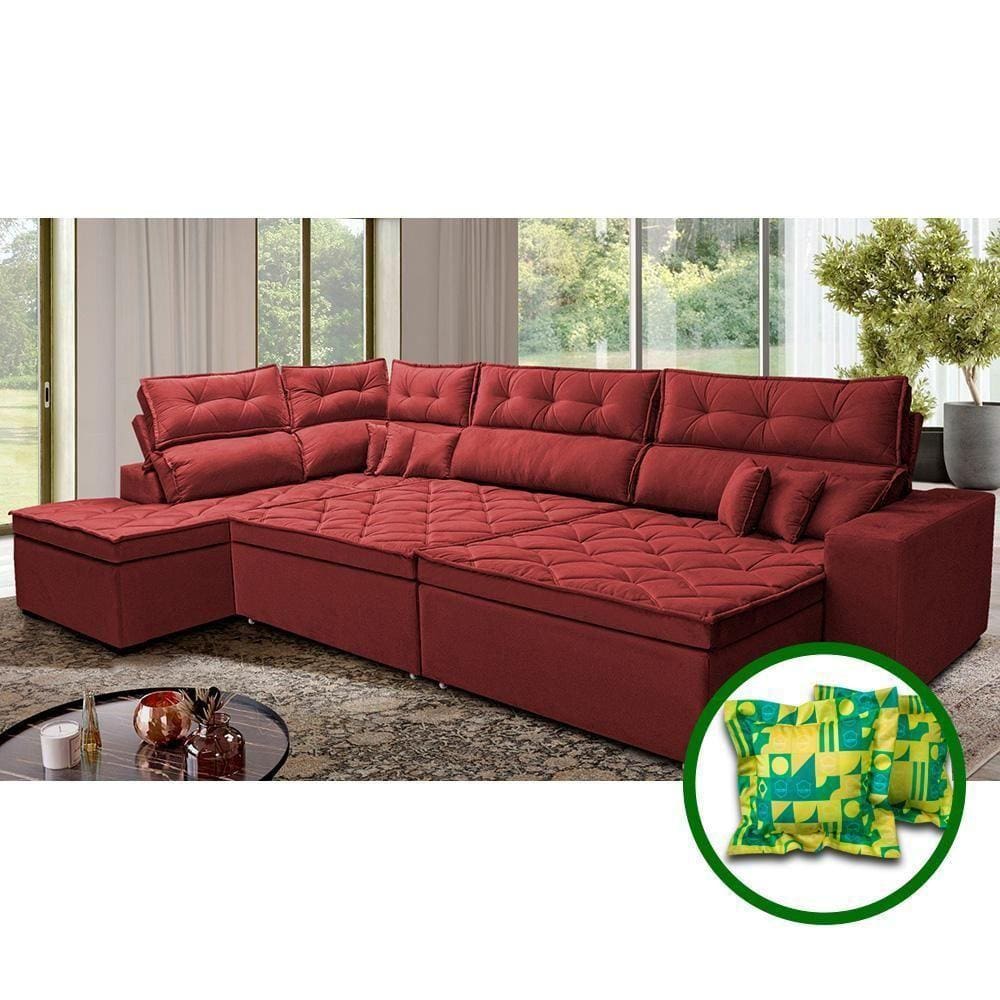 Sofá De Canto Retrátil E Reclinável Esquerdo 3,40x2,36m Molas Cama Inbox Espanha Velusoft Vermelho