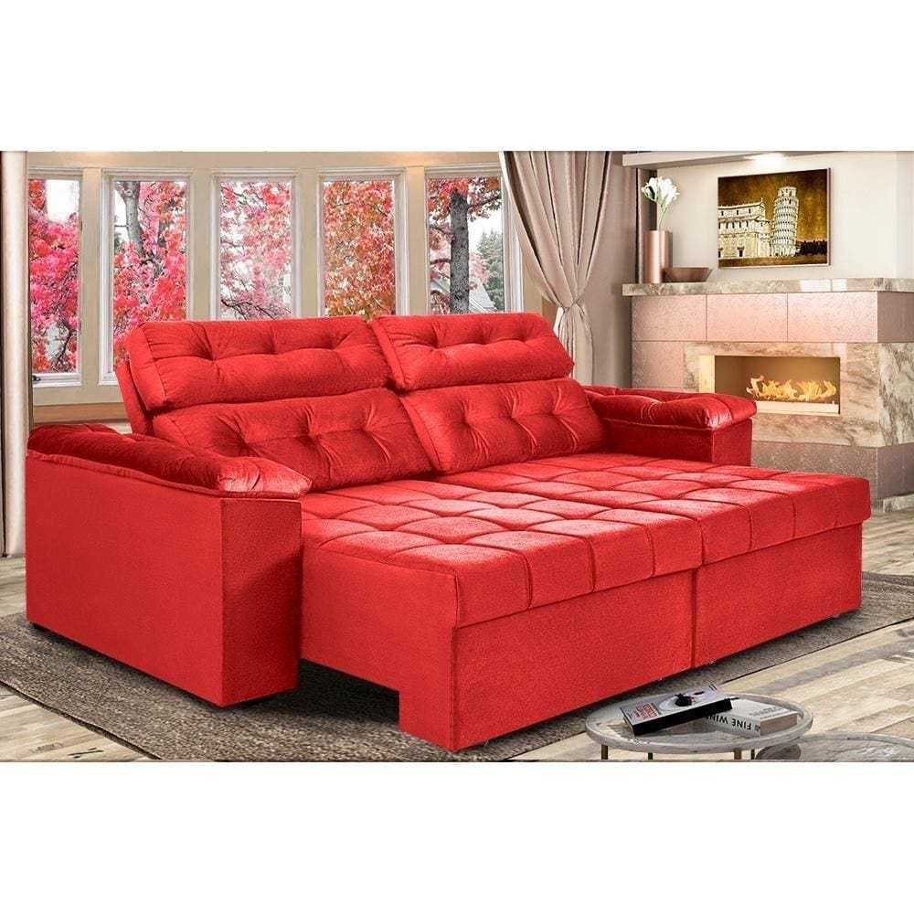 Sofá New Itália 2,72 Mts Retrátil E Reclinável Tecido Suede Vermelho - Cama Inbox