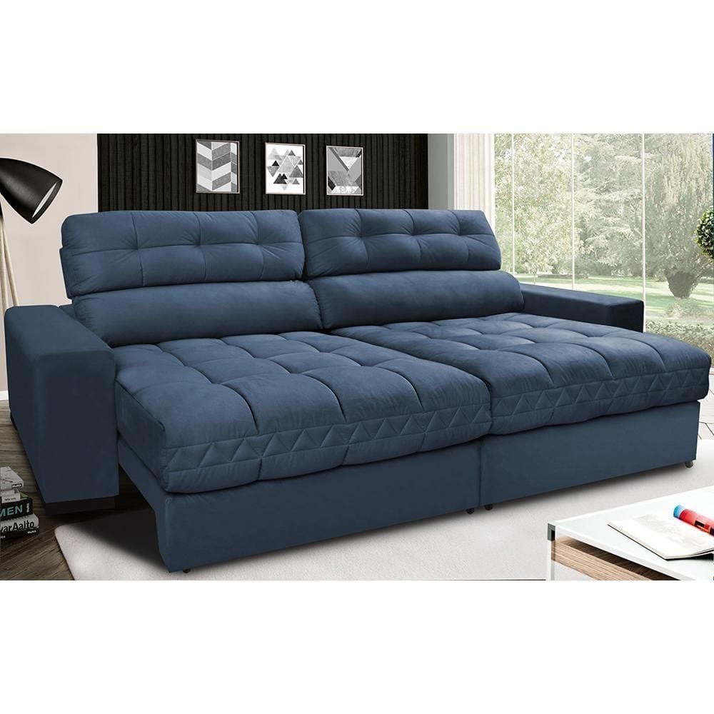 Sofá Retrátil E Reclinável Com Molas Ensacadas Cama Inbox Master 2,32m Tecido Suede Azul