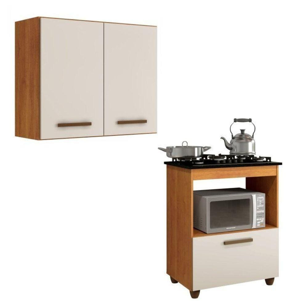 Conjunto Armário Aéreo 2 Portas e Balcão para Cooktop 5 bocas 1 Porta Basculante Marrom/Off White