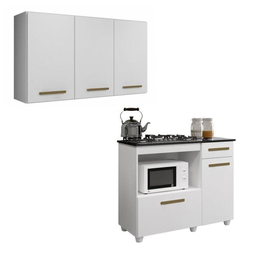 Conjunto Armário Aéreo 3 Portas e Balcão para Cooktop 5 bocas 2 Portas 1 Gaveta Branco