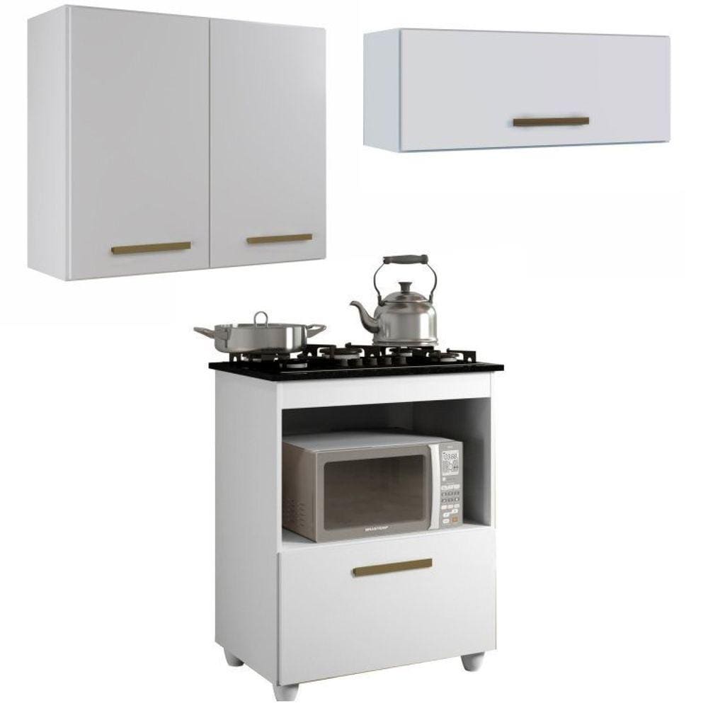 Conjunto Balcão para Cooktop 1 porta 1 nicho 5 bocas e 2 Armário Aéreo Branco