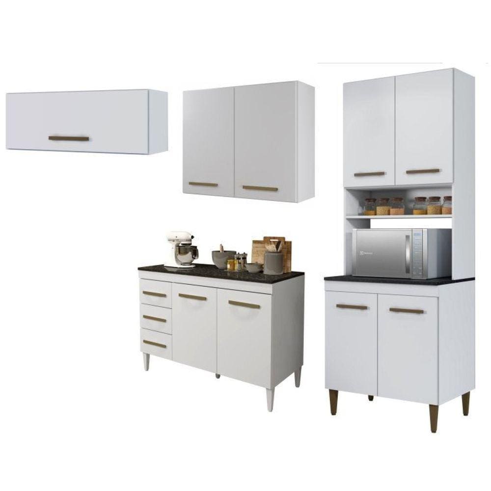 Conjunto Paneleiro 4 Portas Balcão com tampo Aéreo 2 Portas e 1 Aéreo basculante Branco