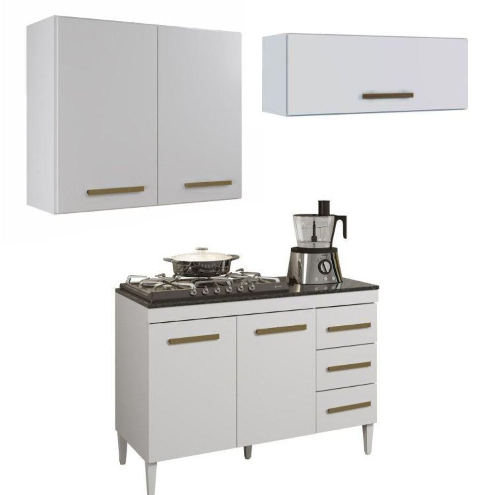 Conjunto Balcão com tampo 2 portas 3 gavetas e 2 Armários Aéreo Branco