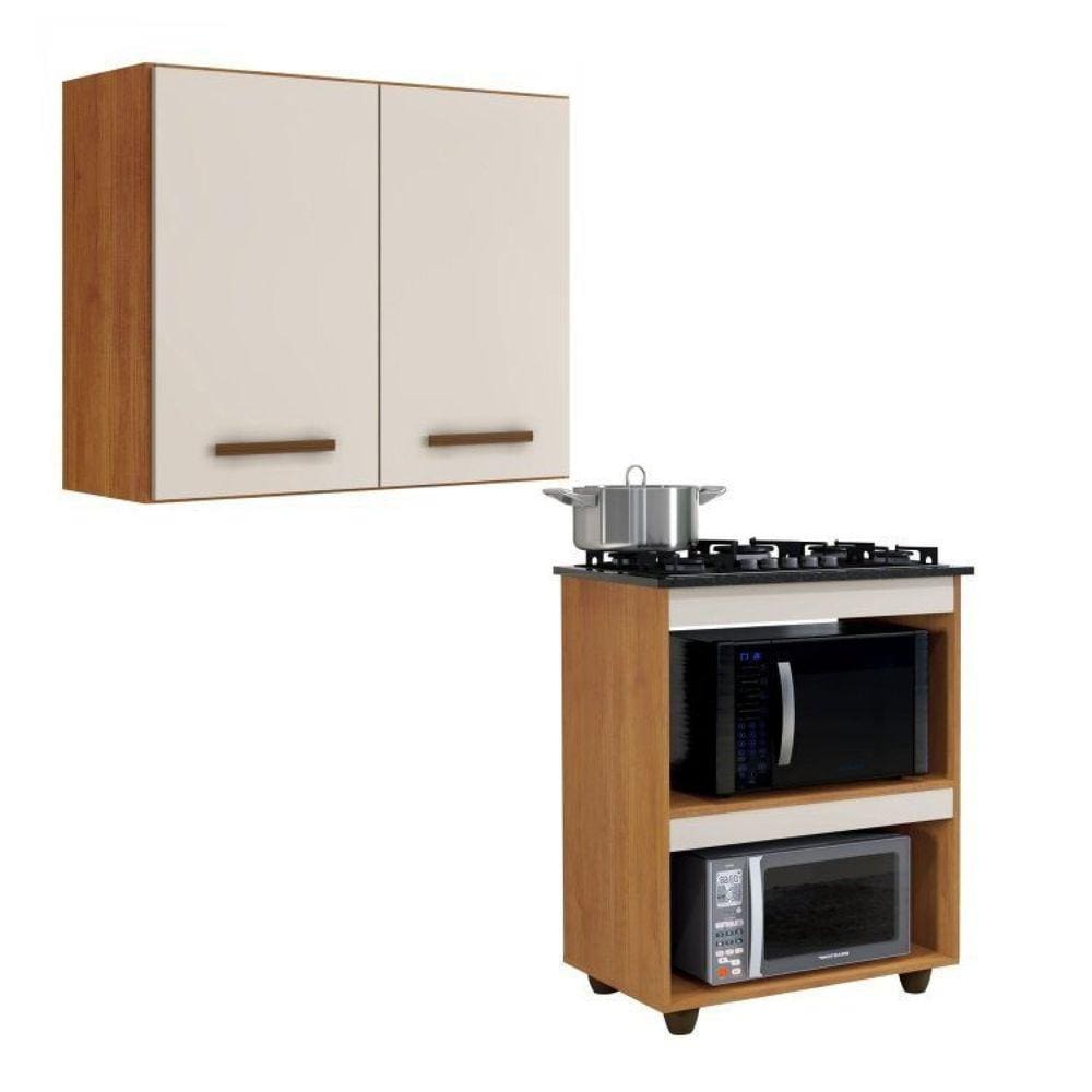 Conjunto Armário Aéreo de Cozinha 2 Portas e Balcão para Cooktop 5 Bocas para Forno Marrom/Off White