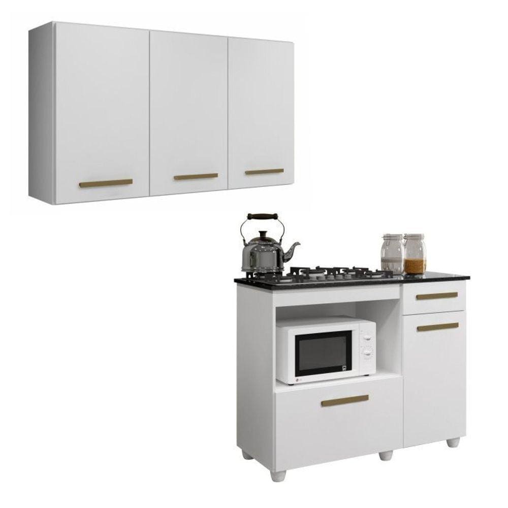 Conjunto Armário Aéreo 3 Portas e Balcão para Cooktop 5 bocas 2 Portas Branco