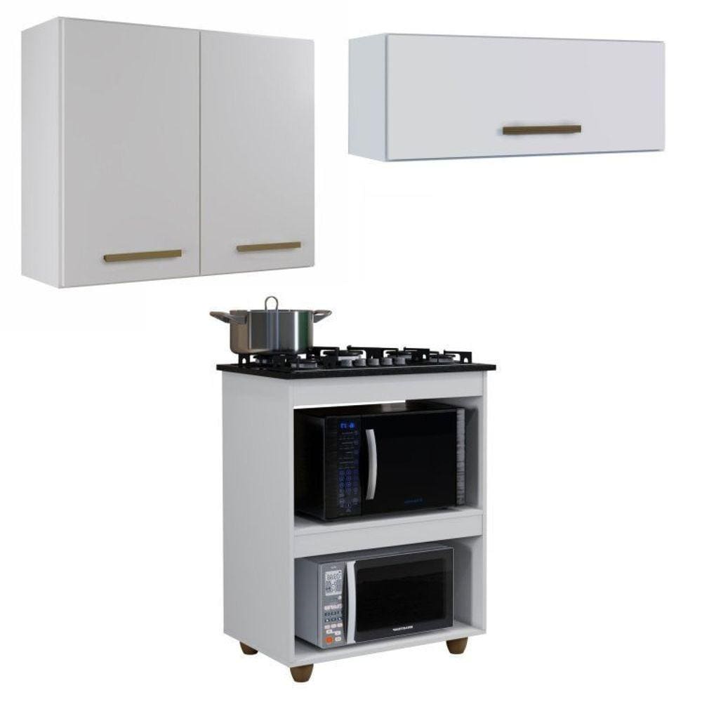 Conjunto Balcão Cooktop 4 bocas 2 nichos para forno e 2 Armários Aéreo Branco